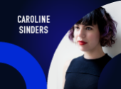 blue dark background with a light blue circle on the left and a portrait on the right of Caroline Sinders