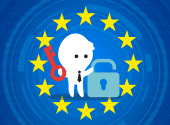EU flag with a person that has a key and lock in their hands to symbolise data protection