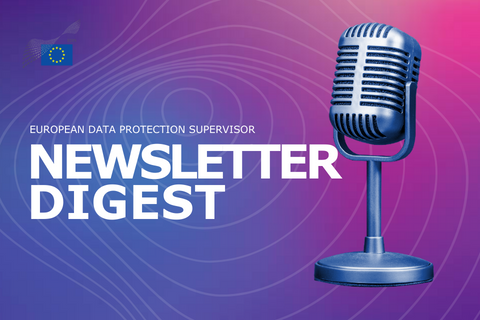 microphone, with name of the podcast "newsletter digest". background is pink and blue