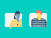 two people talking online, light turquoise background.