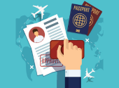 a worldmap with flying plane and two dark red passports with white papers and one hand holding a stampler