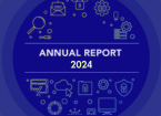 blue background with yellow elements and title of Annual report with the corresponding year