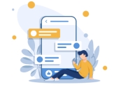 illustration with phone, messages and a person sitting