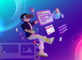 purple blue background with an illustration of a person with VR glasses and apps around him