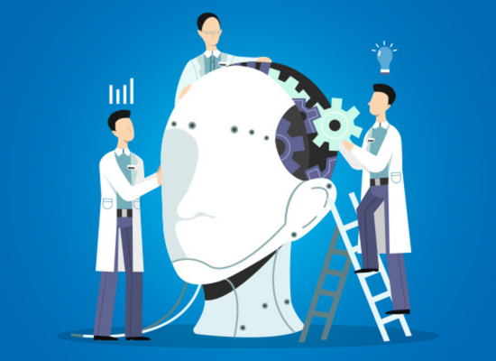Illustration of three scientists in lab coats examining the head of a white, humanoid robot