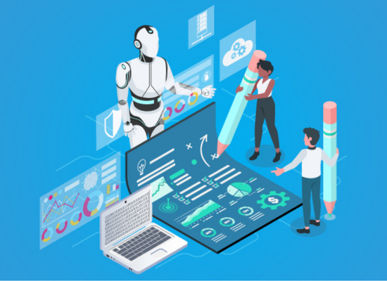 Illustration of an AI robot and two people holding large pencils, collaborating around a large data screen and laptop.