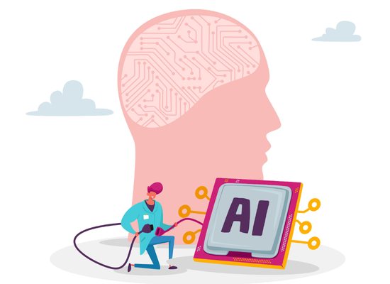 Illustration of person connecting a large AI microchip to a human head silhouette with a circuit board brain.