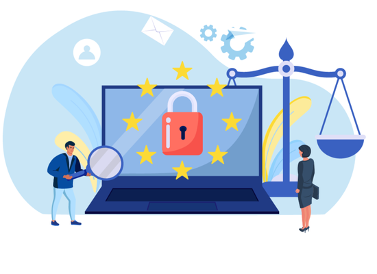 Illustration showing a laptop screen with a red padlock and EU stars, flanked by a man with a magnifying glass and a woman next to a large scale of justice