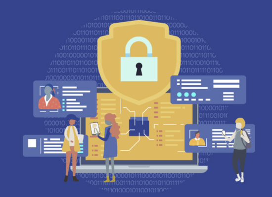 blue background with lock as a symbol of security and laptop with people around