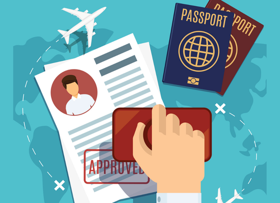 Illustration of a hand stamping "APPROVED" on a travel document next to passports and a map.