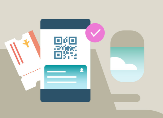 Illustration of digital boarding pass with QR code on a phone, next to a paper ticket and an airplane window view
