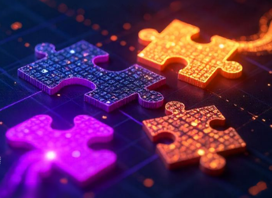 Four puzzle pieces glowing in purple, blue and orange, on a digital circuit .