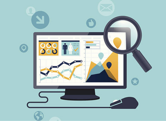 A desktop computer screen displays various data charts and graphs, with a large magnifying glass focusing on the upper right corner