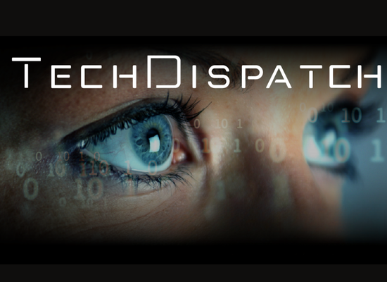 TechDispatch logo and ones and zeros in white across photo of a woman's eyes highlighted in darkness