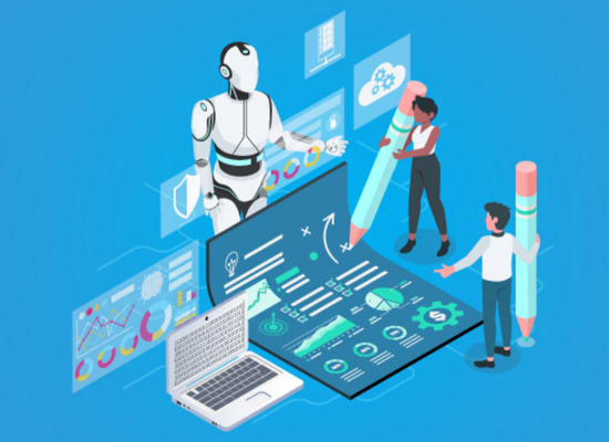 A humanoid robot and two people with giant pencils collaborating on a large data dashboard