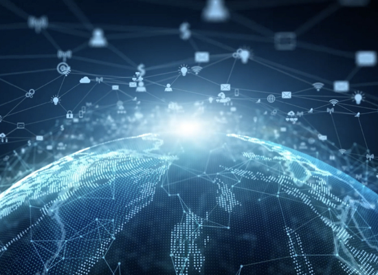 Digital, glowing globe connected to a network of icons representing communication, data and technology