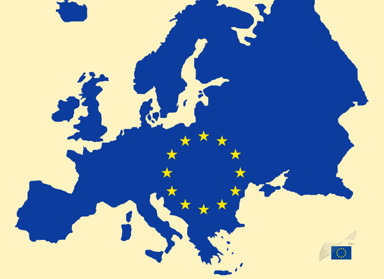 A blue map of the European continent with a circle of twelve yellow stars in the centre
