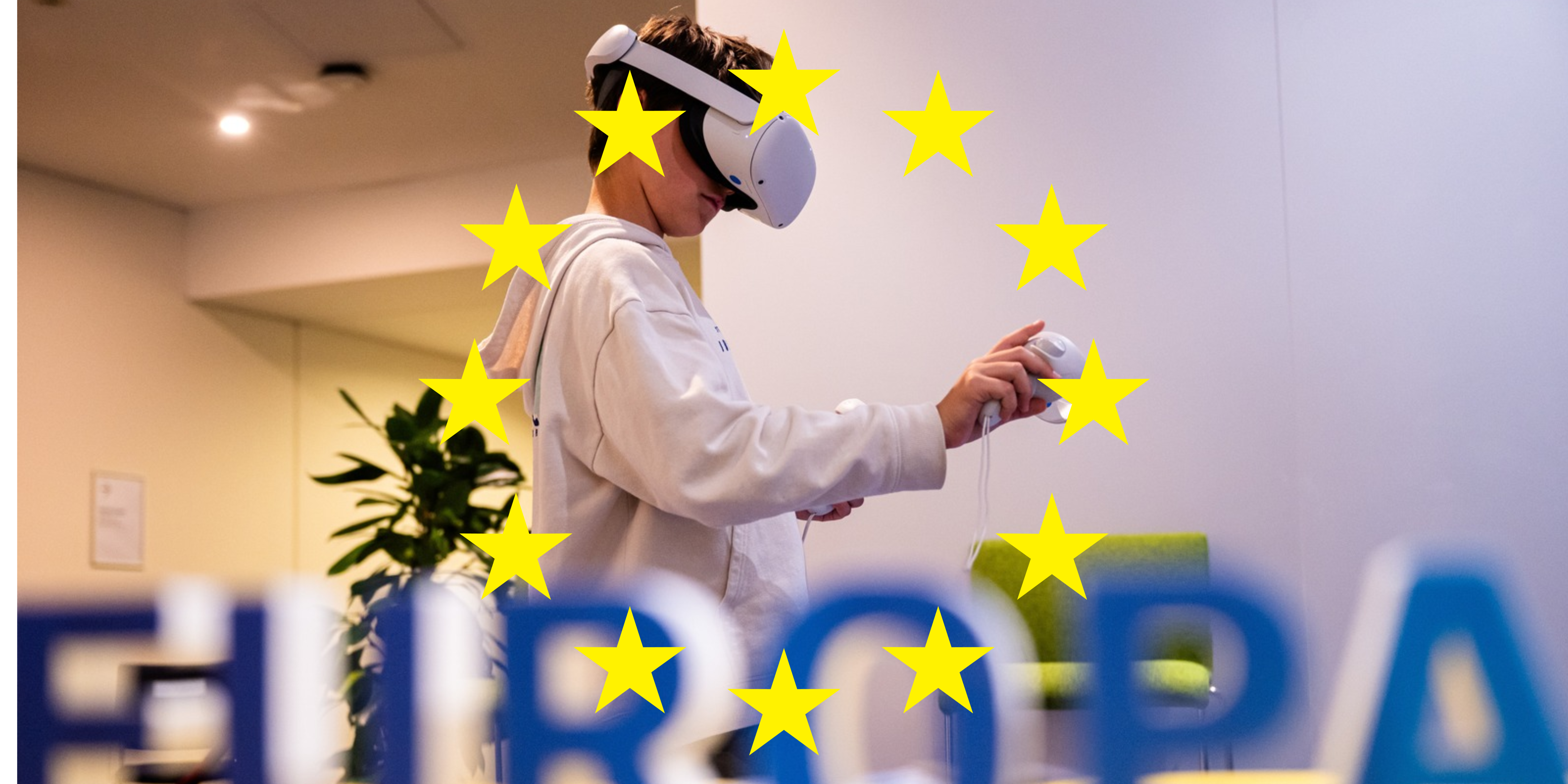 portrait of a boy playing with VR glasses with EU stars it in middle