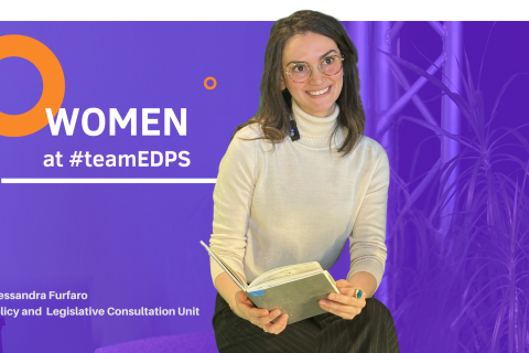 woman sitting and holding a notebook in a light purple background with two circles and the text 'Women at #teamEDPS' and below a name and unit