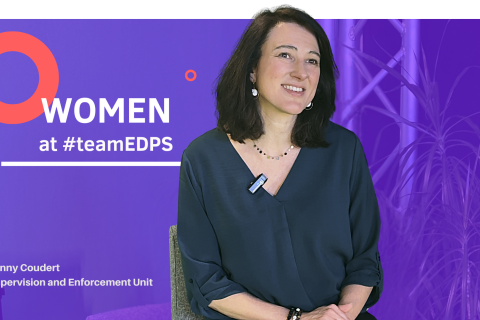 woman sitting and holding a notebook in a light purple background with two circles and the text 'Women at #teamEDPS' and below a name and unit