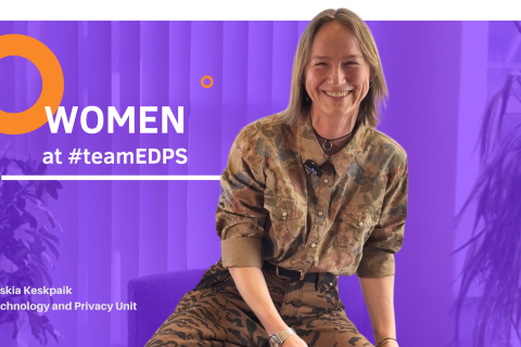 woman sitting and holding a notebook in a light purple background with two circles and the text 'Women at #teamEDPS' and below a name and unit