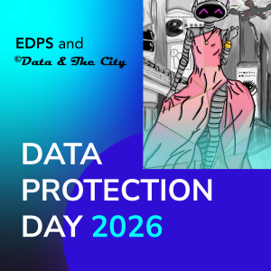 blue gradient background with the title of the Data protection day 2026 and a robotic illustration as a logo of the podcast done by Jennifer Crama