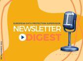 newsletter digest in big letters, orange background, with grey microphone