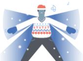 a person in winter clothes with a red hat and blue gloves