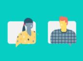 two people talking online, light turquoise background.