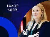 Blue background with a blue semicircle and portrait of Frances Haugen