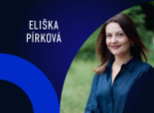 self-portrait of Eliška Pírková with her affiliations and blue circle on the left side