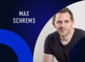 Portrait of Max Schrems in white background with blue semicircle on the left side and his affiliation