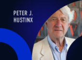 Peter Hustinx's selfportrait in a blue background and his affiliations on the left side with  a lighter blue semicircle
