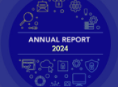 blue background with yellow elements and title of Annual report with the corresponding year