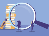 Audit illustration - looking glass, books, small silhouettes of people