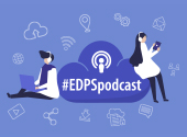 two cartoon-like people with headphones listening to the EDPS podcast; the hashtag #EDPSpodcast is at the centre of the image