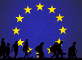 EU flag in the background and people with luggages walking