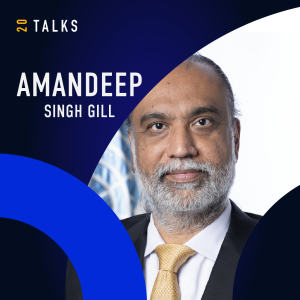 dark blue background with circles and logo of the project on the left side accompanied by portrait of the guest