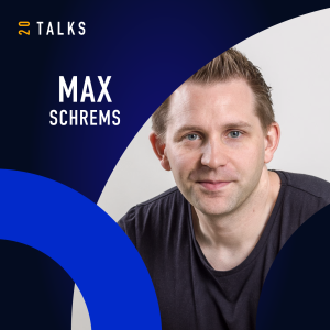squared portrait of Max Schrems with a blue semicircle on the left corner and his affiliations